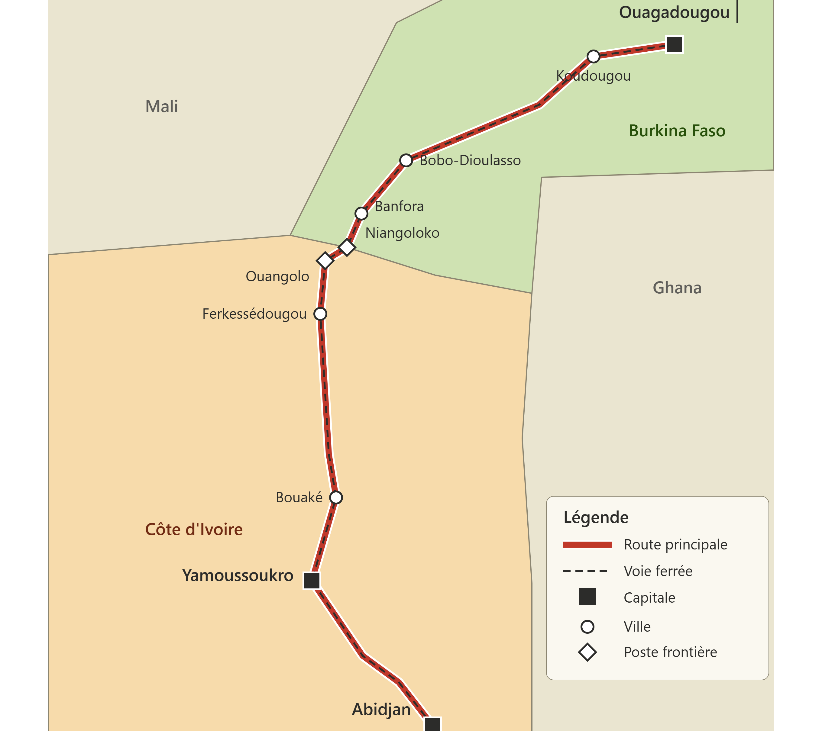 Carte du réseau routier Côte d'Ivoire - Burkina Faso